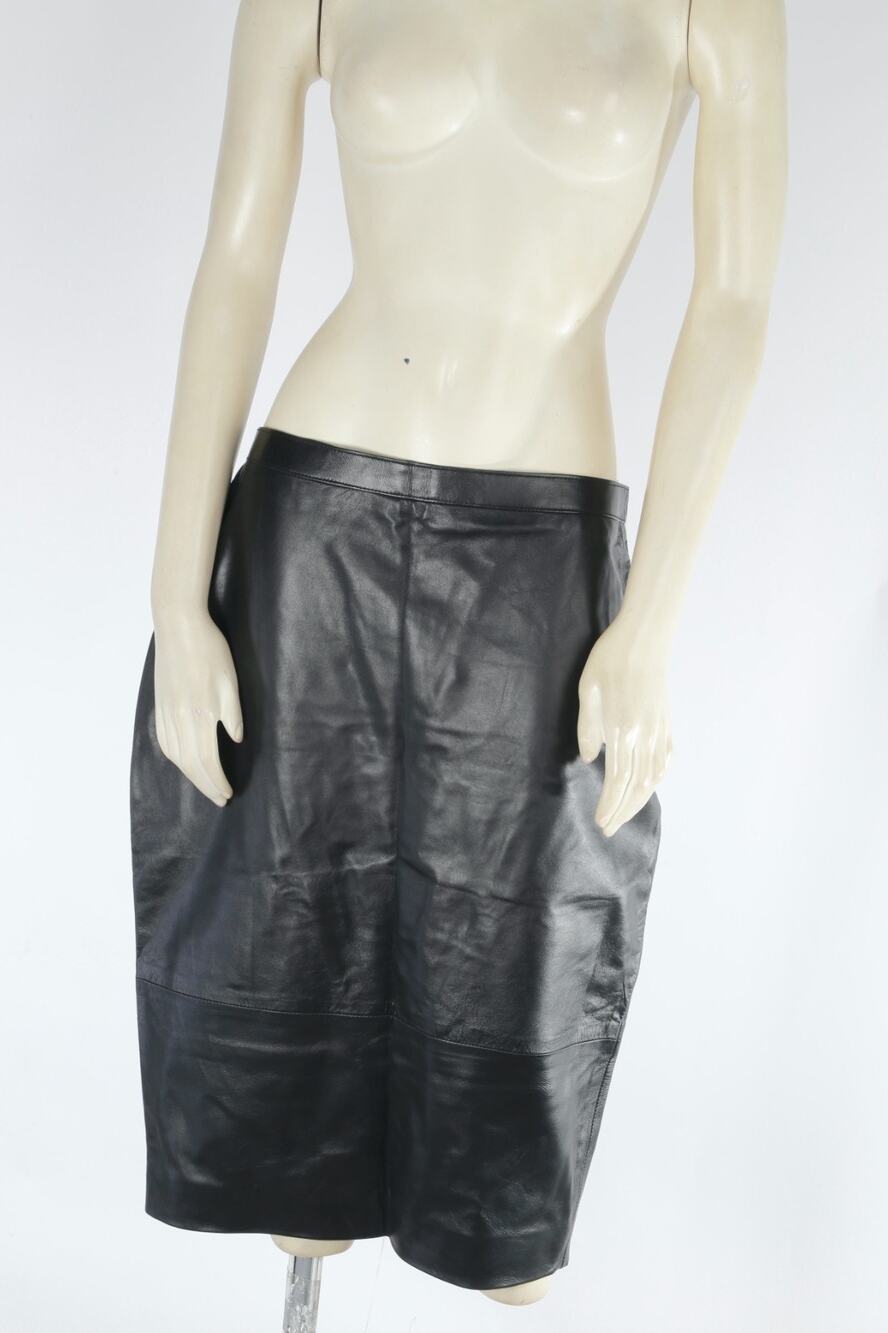 Vintage Black Genuine Leather Tulip Bubble Cocoon Midi Pencil Skirt Size 12